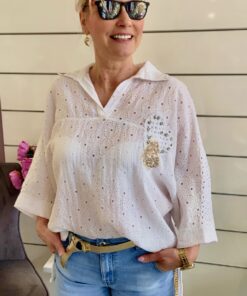 Weiße Bluse - Shirt -  Lochstickerei