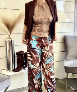 Hose in Braun/Türkis/Creme Blumig