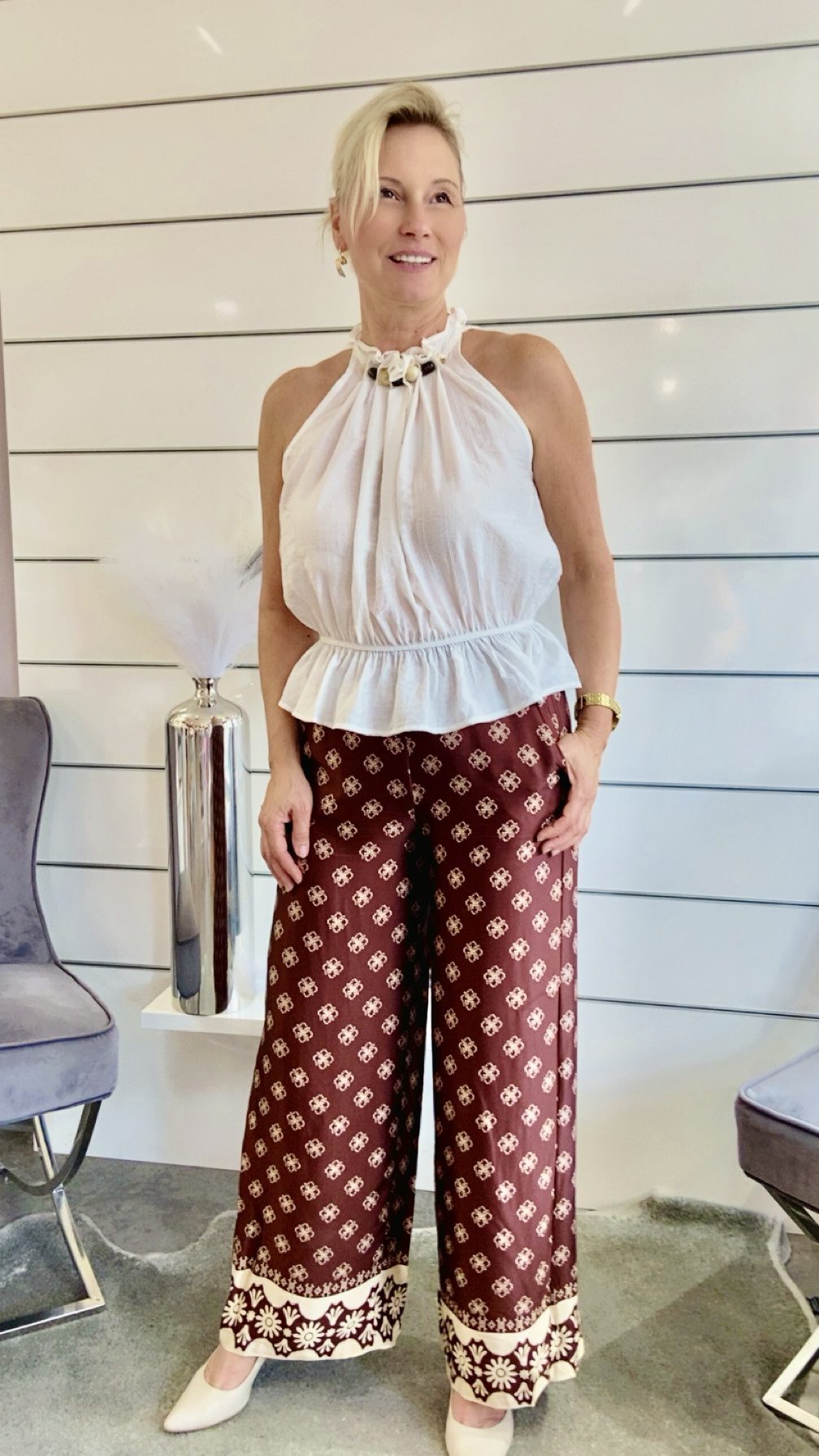 Palazzo-Hose Braun mit Allover-Print / Wide-Leg Sommerhose