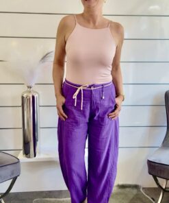 Lila Leinenhose mit Wide Leg und Bindeband / Sommerhose