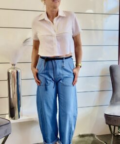 Leichte Wide-Leg Jeanshose mit Bindeband - Hellblau
