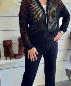 Schwarzer Netzstrick-Blouson Damen