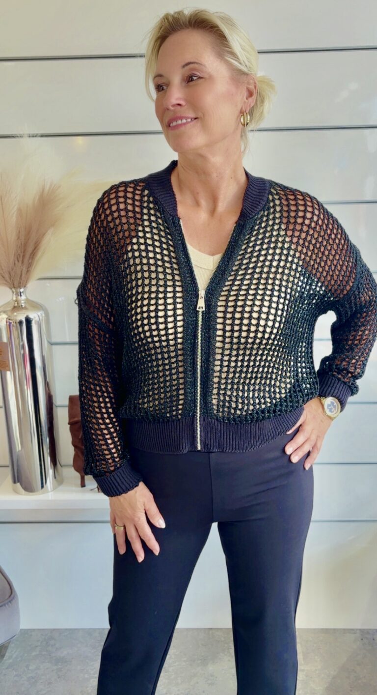 Schwarzer Netzstrick-Blouson Damen