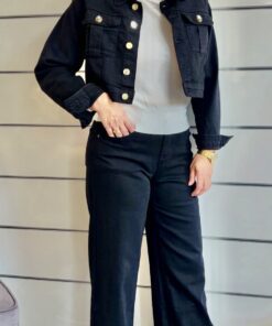 Kurze Jeansjacke Damen Schwarz mit goldenen Details
