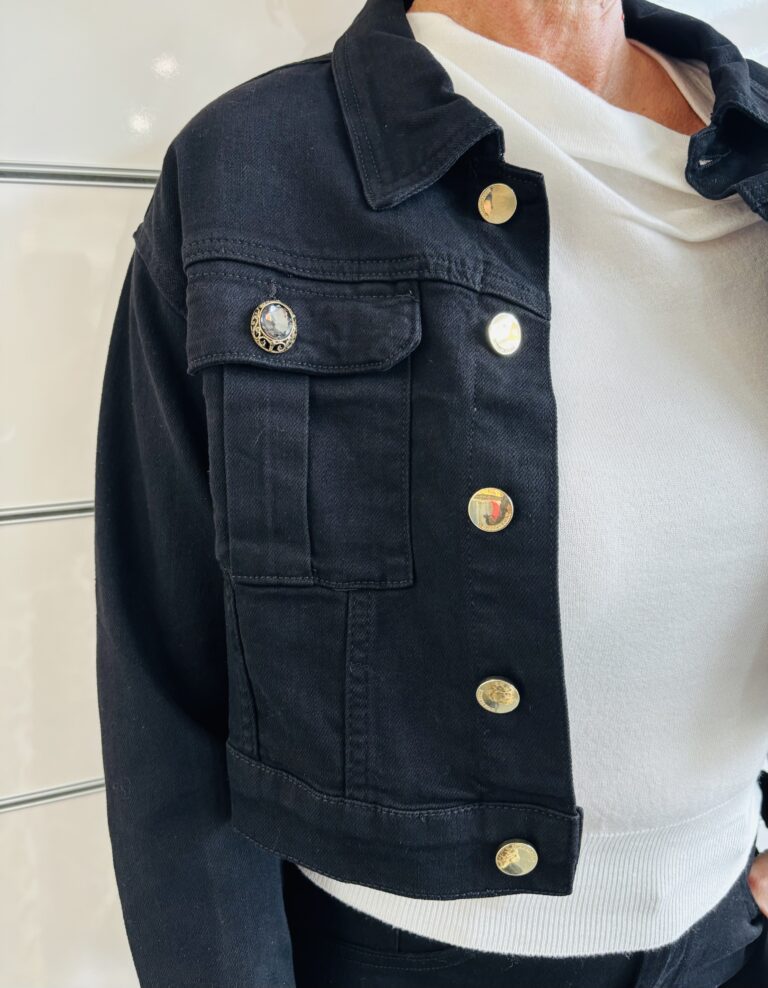 Kurze Jeansjacke Damen Schwarz mit goldenen Details