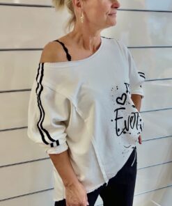 Weißes Langarmshirt mit Print und Kontraststreifen