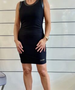 Schwarzes Kleid-Mini mit Lederoptik-Ausschnitt