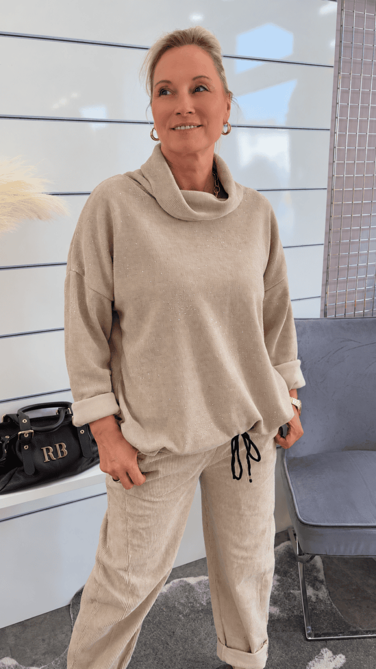 Eleganter Glitzer-Pullover mit Rollkragen und Steinchen-Details – Silber
