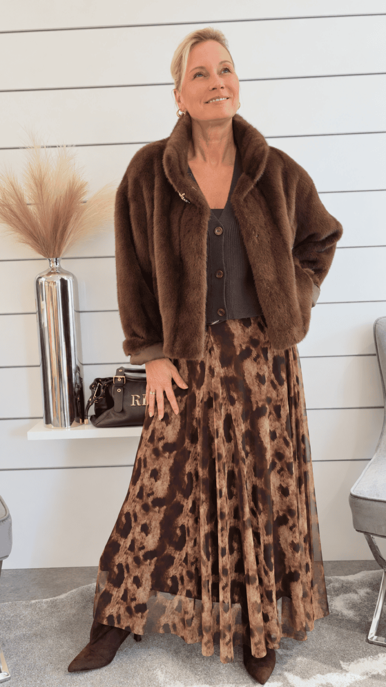 Eleganter Plisseerock mit Animal-Print in Braun – Fließender Midirock