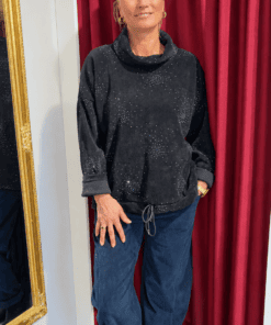 Eleganter Glitzer-Pullover mit Rollkragen und Steinchen-Details – Silber