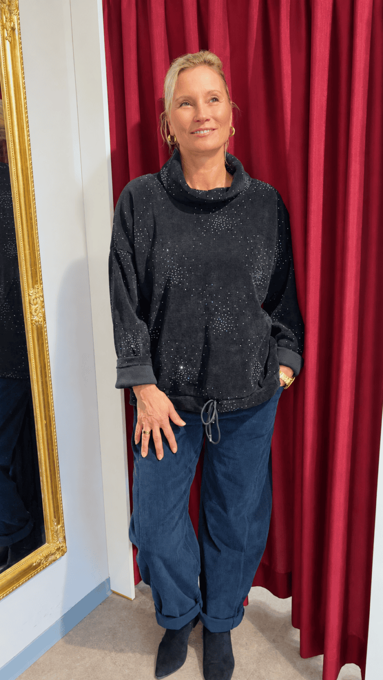 Eleganter Glitzer-Pullover mit Rollkragen und Steinchen-Details – Silber